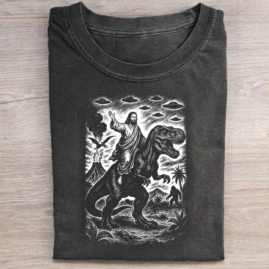 Jesus Riding Dinosaur T-Shirts Vintage Washed DTG Graphic Tee | ZalleStudio