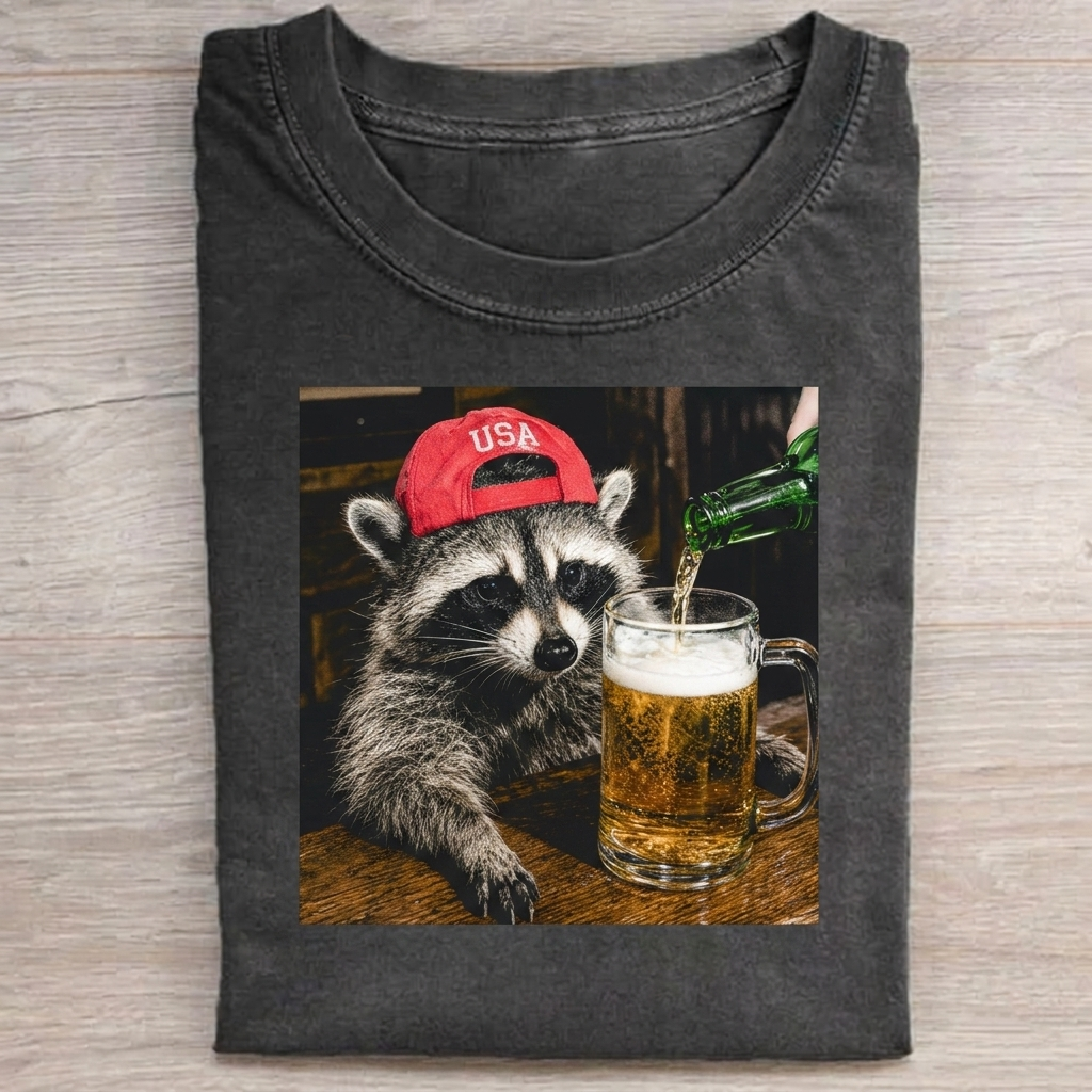 Rock On Raccoon T-Shirt Vintage Washed DTG Graphic Tee | ZalleStudio