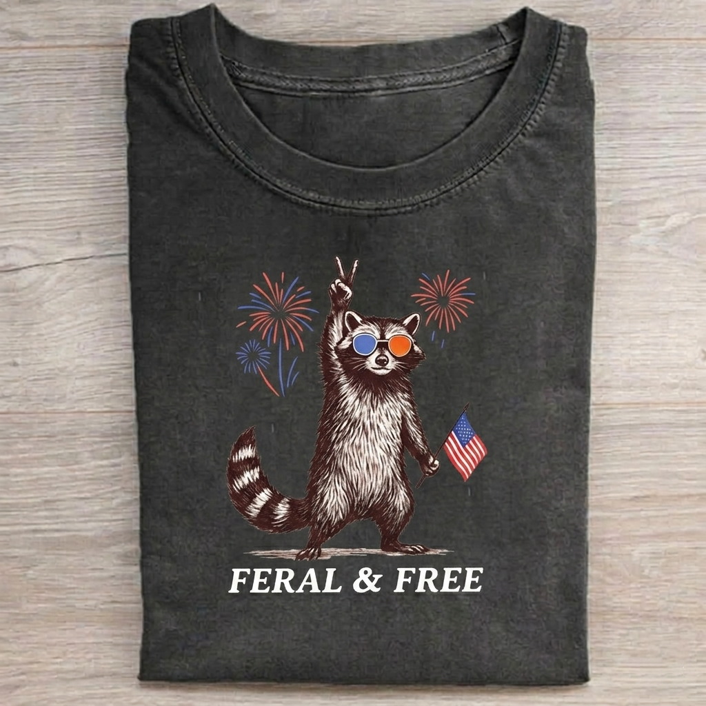 Feral&Free Raccoon T-shirt Vintage Washed DTG Graphic Tee | ZalleStudio