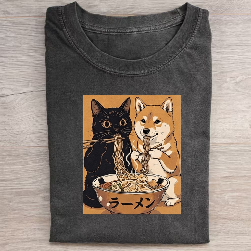 Black cat and Shiba Inu eating noodles T-Shirt
