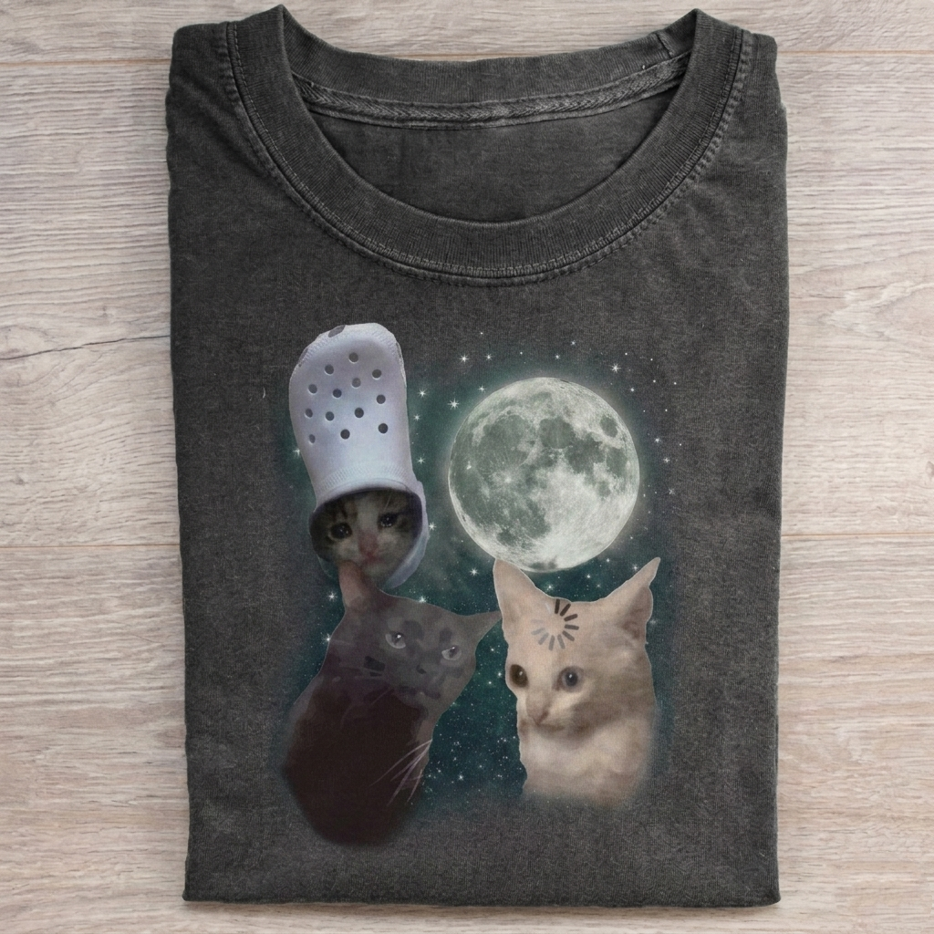 Three Cats Retro Moon Graphic T-shirt