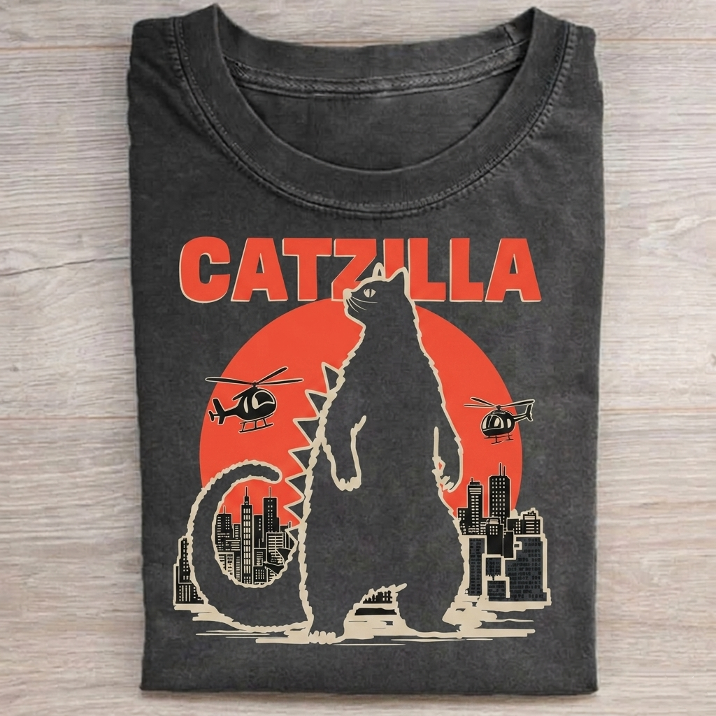Catzilla Parody T-Shirt Vintage Washed DTG Graphic Tee | ZalleStudio