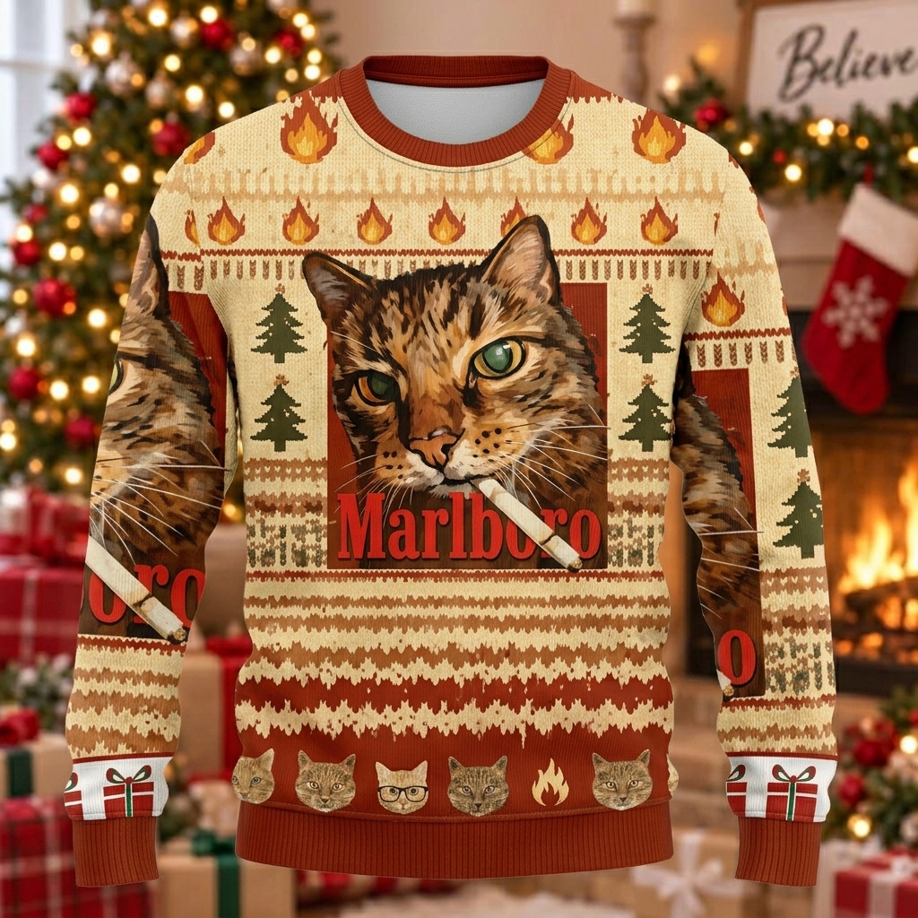 Vintage Tabby Cat Fire Christmas Ugly Sweater