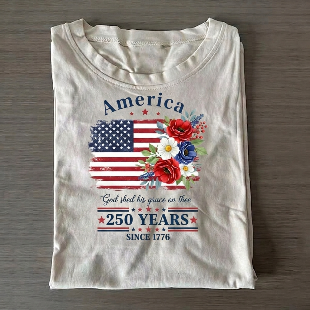 America 250 Years Flag Floral  T-Shirt Vintage Washed DTG Graphic Tee | ZalleStudio