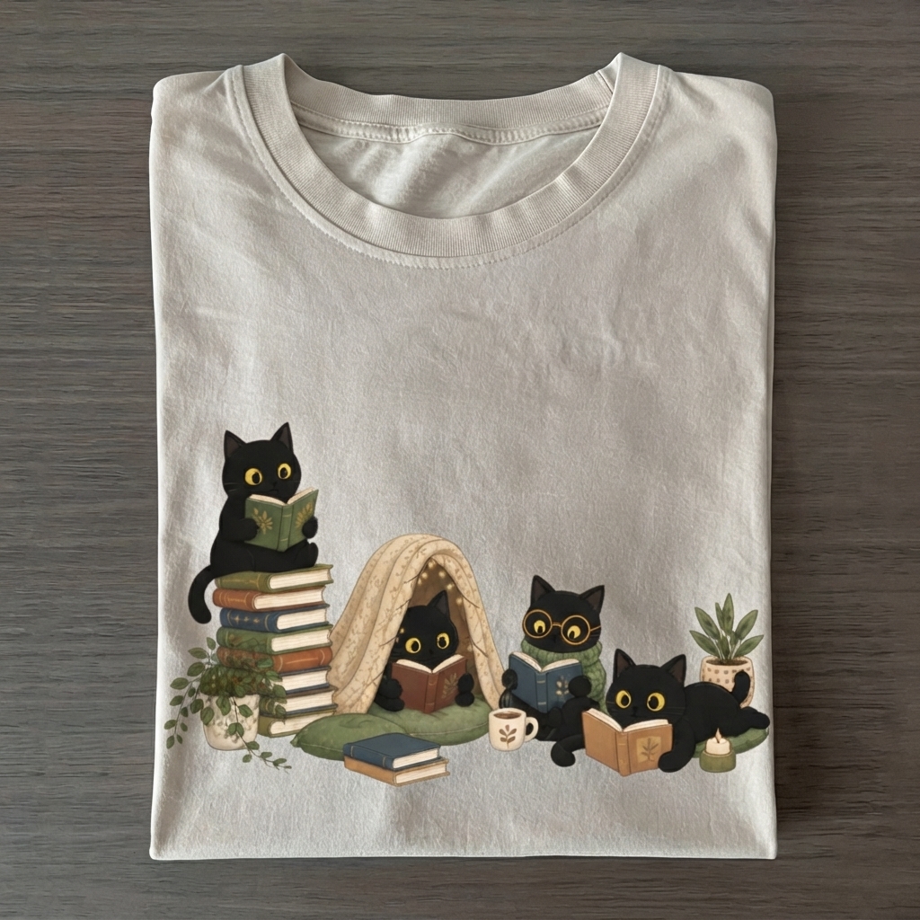 Black Cat Reading T-shirt