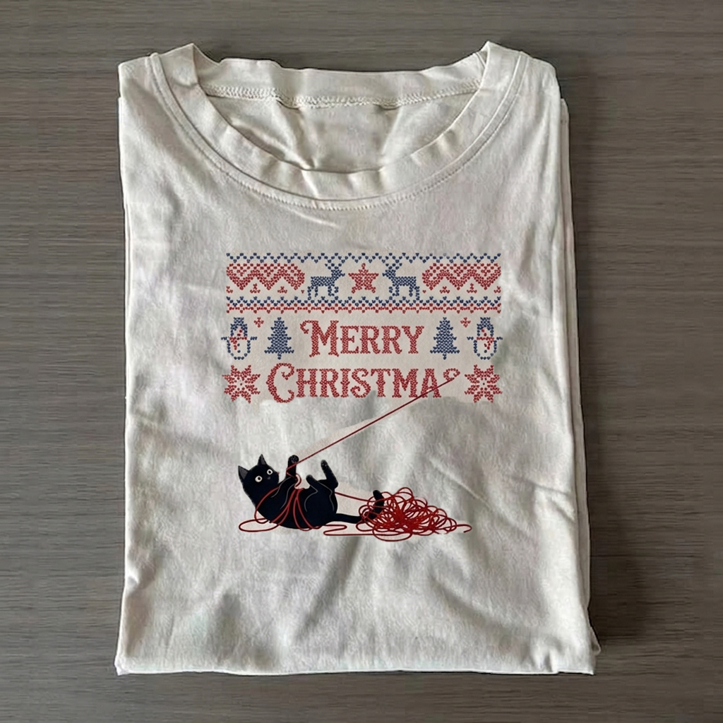 Christmas Yarn Black Cat T-shirt