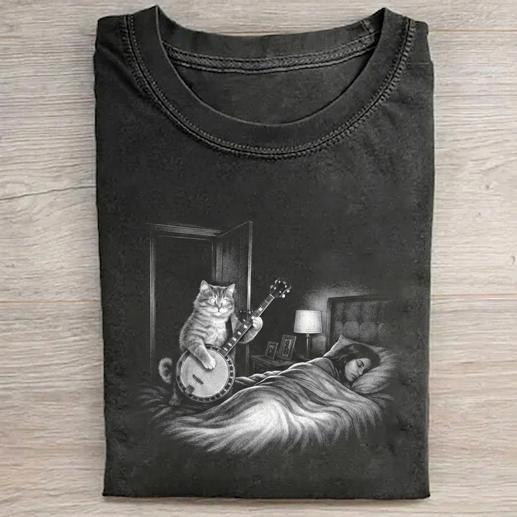 Funny Banjo Cat T-shirt Vintage Washed DTG Graphic Tee | ZalleStudio