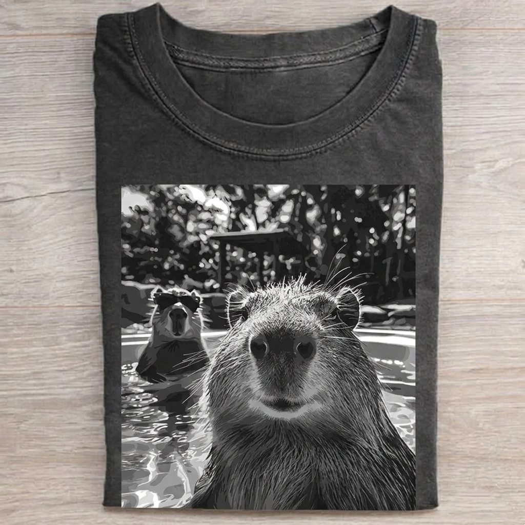 Capybara Selfie Funny T-shirt  Vintage Washed DTG Graphic Tee | ZalleStudio