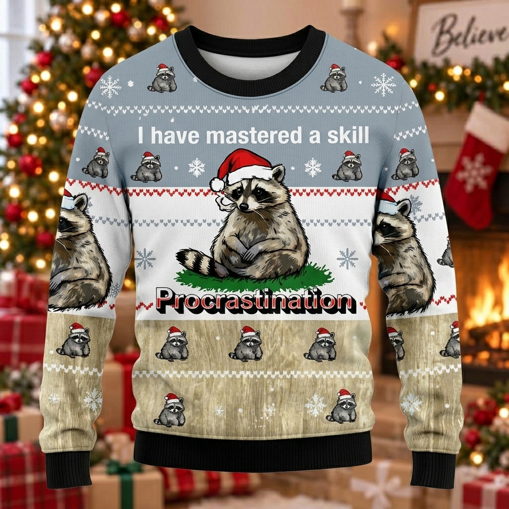 Procrastination Raccoon Ugly Sweater