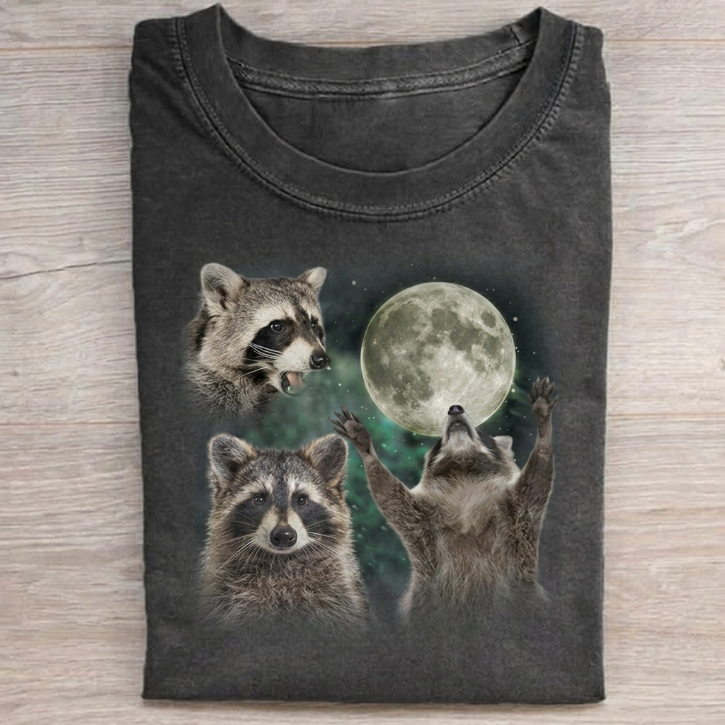 Funny Three Raccoon Moon T-shirt Vintage Washed DTG Graphic Tee | ZalleStudio