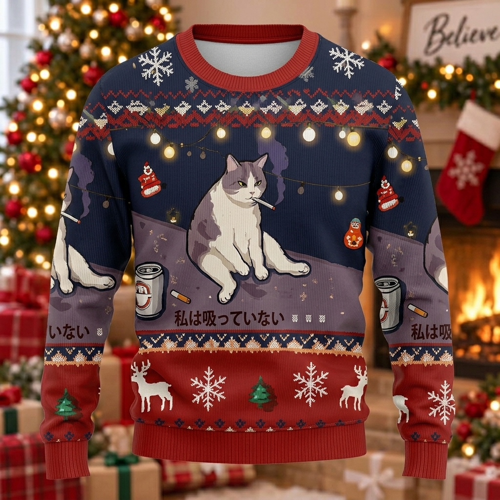 Drunk Cat Night Christmas Ugly Sweater
