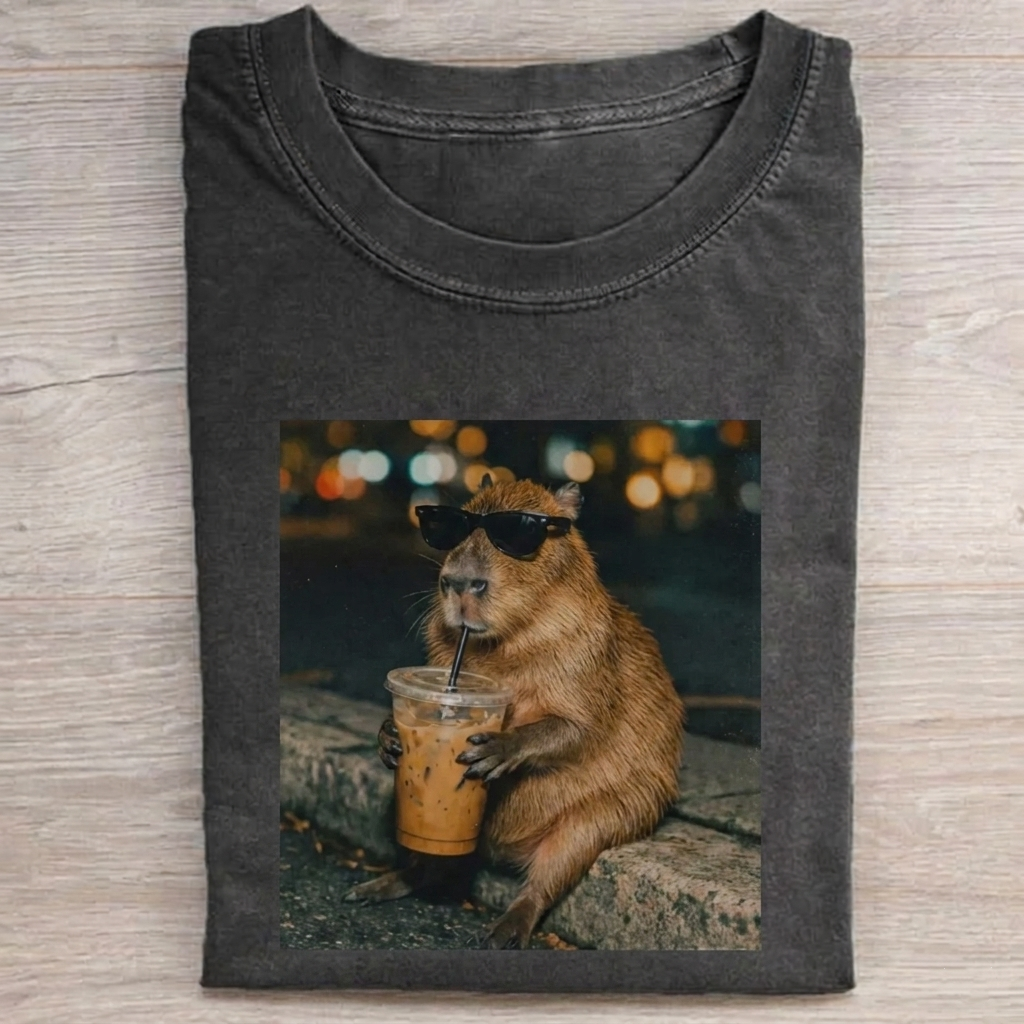 Funny Capybara Drinking Iced Coffee T-shirt Vintage Washed DTG Graphic Tee | ZalleStudio
