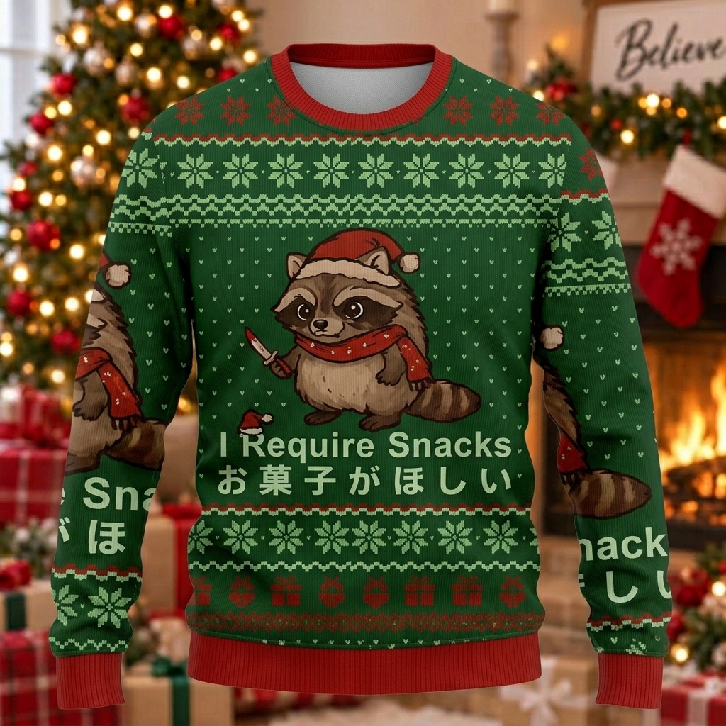 I Require Snacks Raccoon Christmas Ugly Sweater