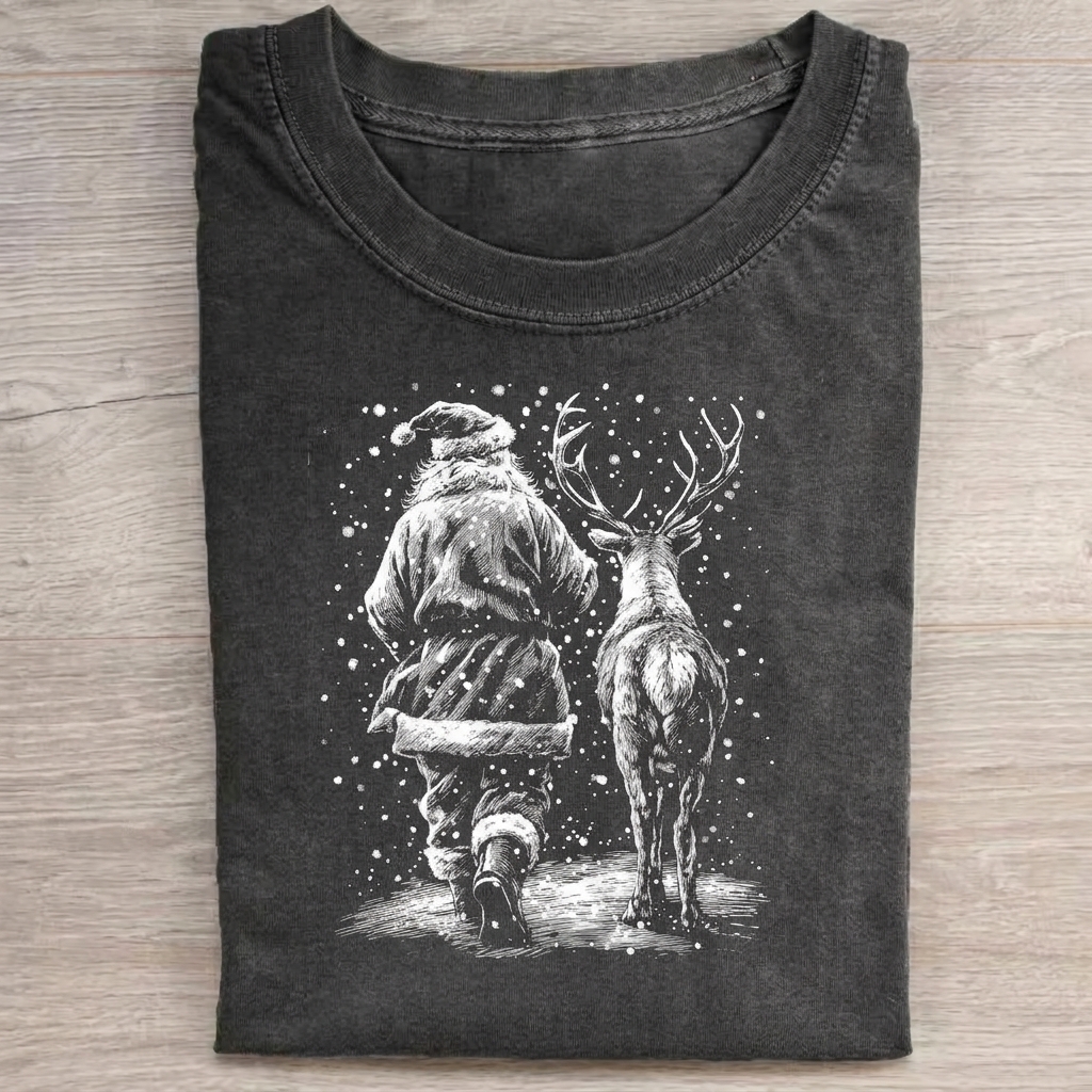 Santa And Reindeer Walking In Snow Christmas T-shirt