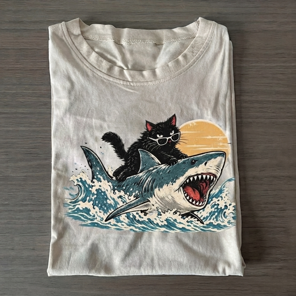 Funny Cat Riding Shark T-shirt