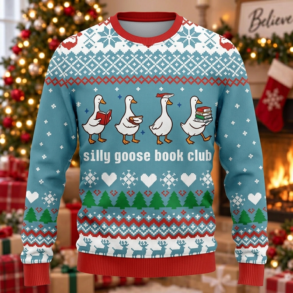 Silly Goose Book Club Blue Christmas Ugly Sweater