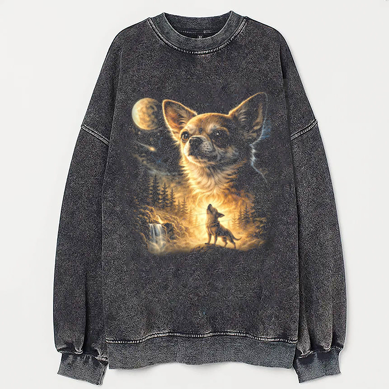 Chihuahua Howling to The Moon Vintage Sweatshirt Vintage Washed DTG Graphic Tee | ZalleStudio