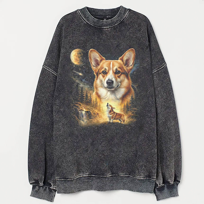Corgi Howling to The Moon Vintage Sweatshirt Vintage Washed DTG Graphic Tee | ZalleStudio