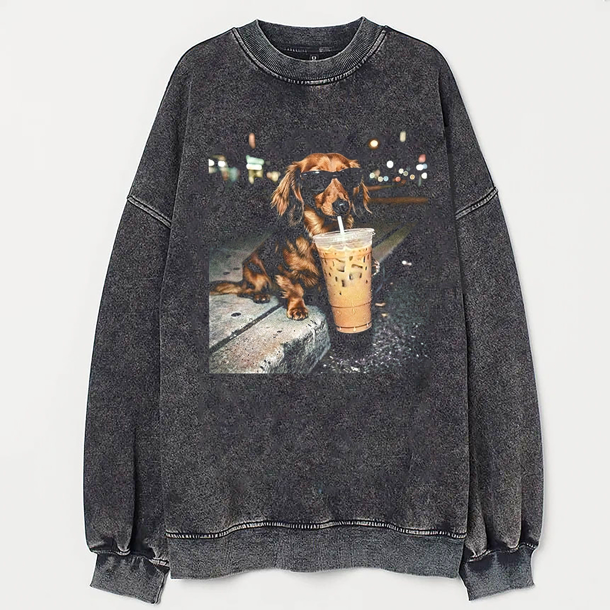 Funny Dachshund Drinking Iced Coffee Sweatshirt Vintage Washed DTG Graphic Tee | ZalleStudio