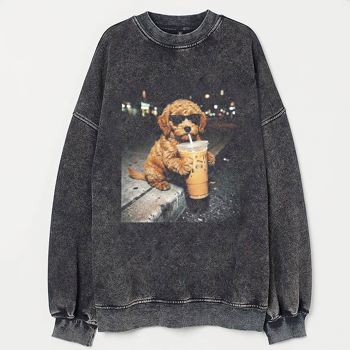 Funny Goldendoodle Drinking Iced Coffee Sweatshirt Vintage Washed DTG Graphic Tee | ZalleStudio