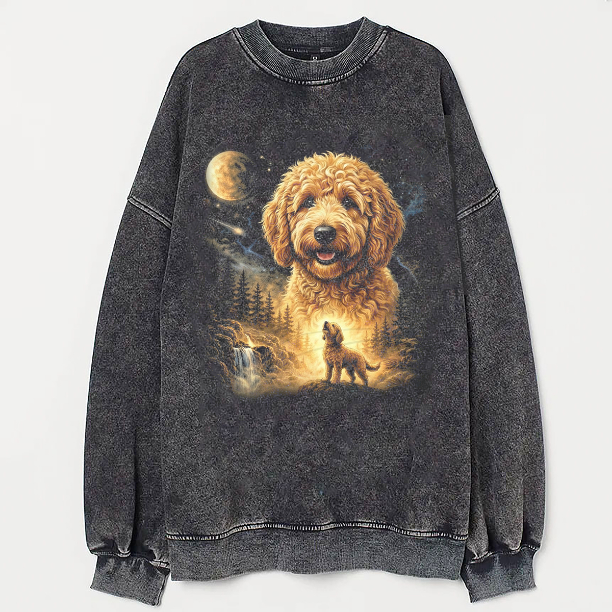 Goldendoodle Howling to The Moon Vintage Sweatshirt Vintage Washed DTG Graphic Tee | ZalleStudio