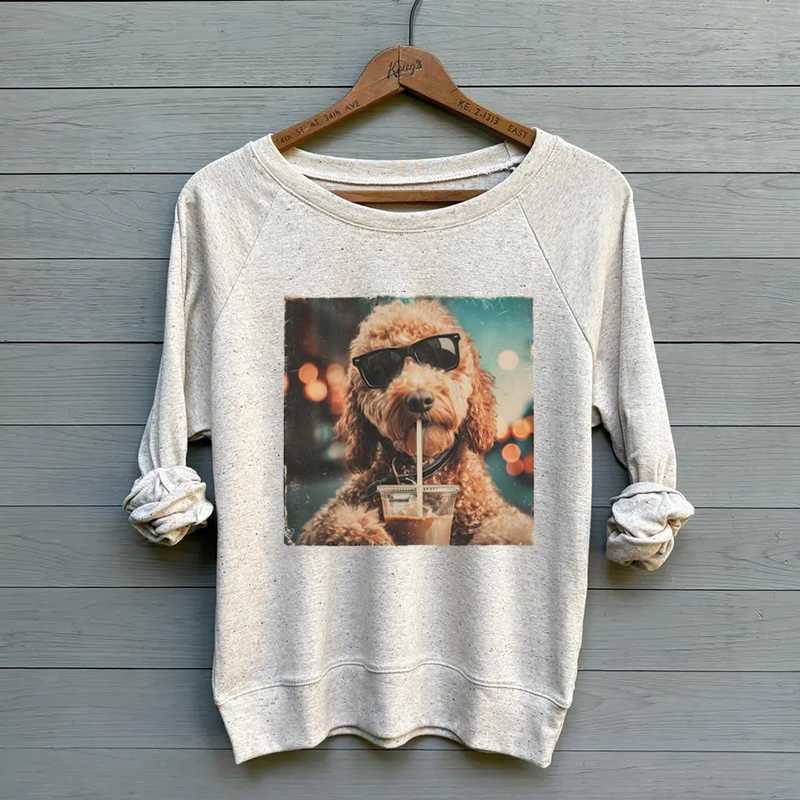 Funny Goldendoodle Drinking Iced Coffee Sweatshirt Vintage Washed DTG Graphic Tee | ZalleStudio