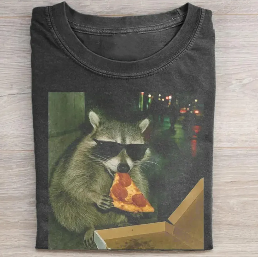 Raccoon Eating Pizza T-Shirts Vintage Washed DTG Graphic Tee | ZalleStudio