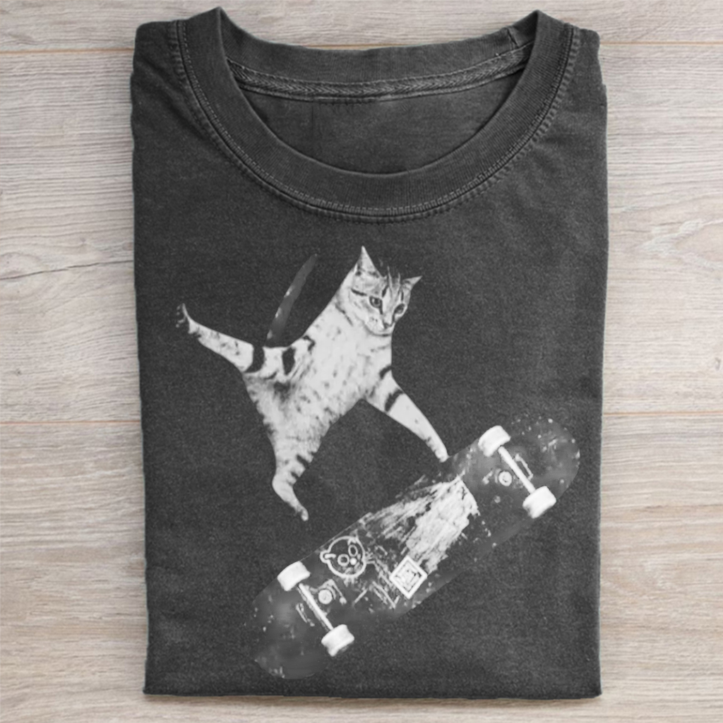 Vintage Skateboard Cat T-shirt Vintage Washed DTG Graphic Tee | ZalleStudio