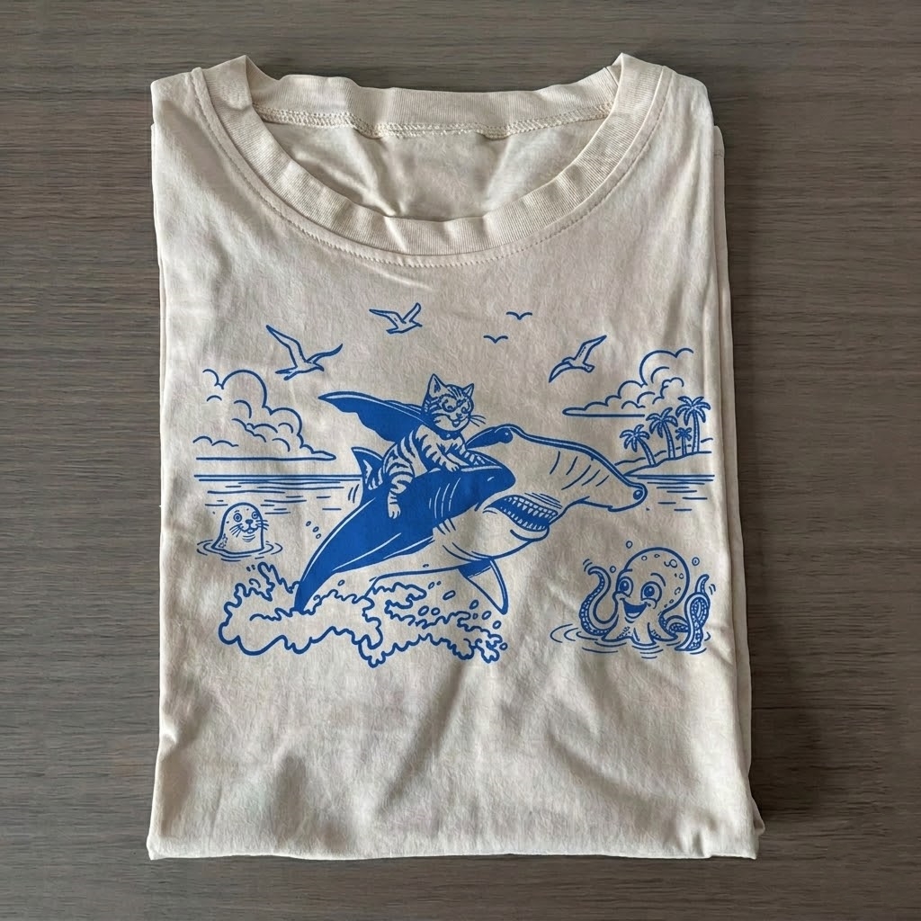 Cat Riding Shark T-Shirt