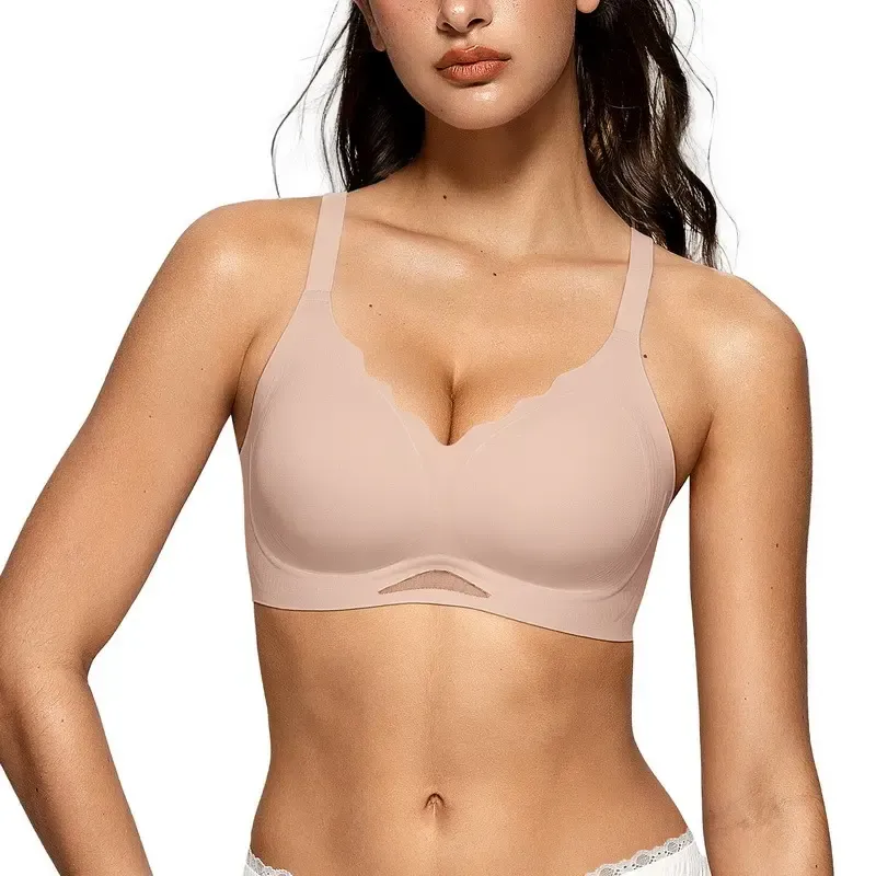 OEAK Women Seamless Bras No Underwire Push Up Wavy Neckline Wireless Bralettes Soft V Neck Full Coverage Everyday Bra