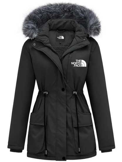 2024 TNF®-Women's Elegant Long Sleeve Fluffy Trim Hooded Coat, Warm Drawstring Outerwear for Cold Weather