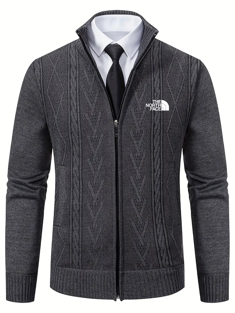 2025 THE NORttgTH FACE-Vintage Geometric Pattern Men's Sweater Cardigan - Long Sleeve, Zippered, Knitted Fabric, Polyester, Casual Style, Regular Fit