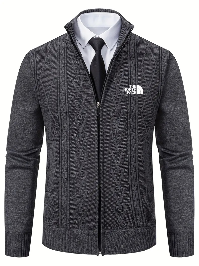 2025 THE NORttgTH FACE-Vintage Geometric Pattern Men's Sweater Cardigan - Long Sleeve, Zippered, Knitted Fabric, Polyester, Casual Style, Regular Fit