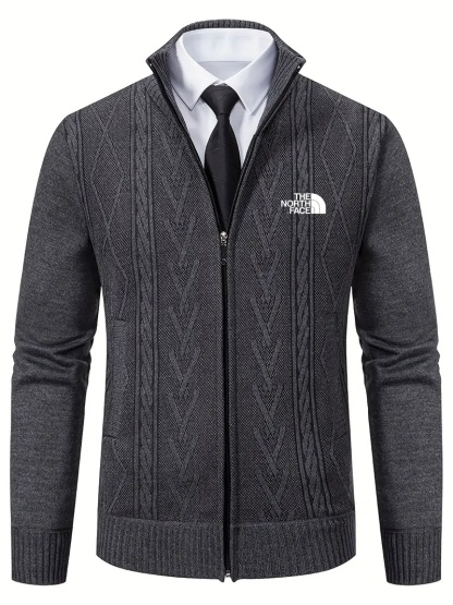 2025 THE NORttgTH FACE-Vintage Geometric Pattern Men's Sweater Cardigan - Long Sleeve, Zippered, Knitted Fabric, Polyester, Casual Style, Regular Fit