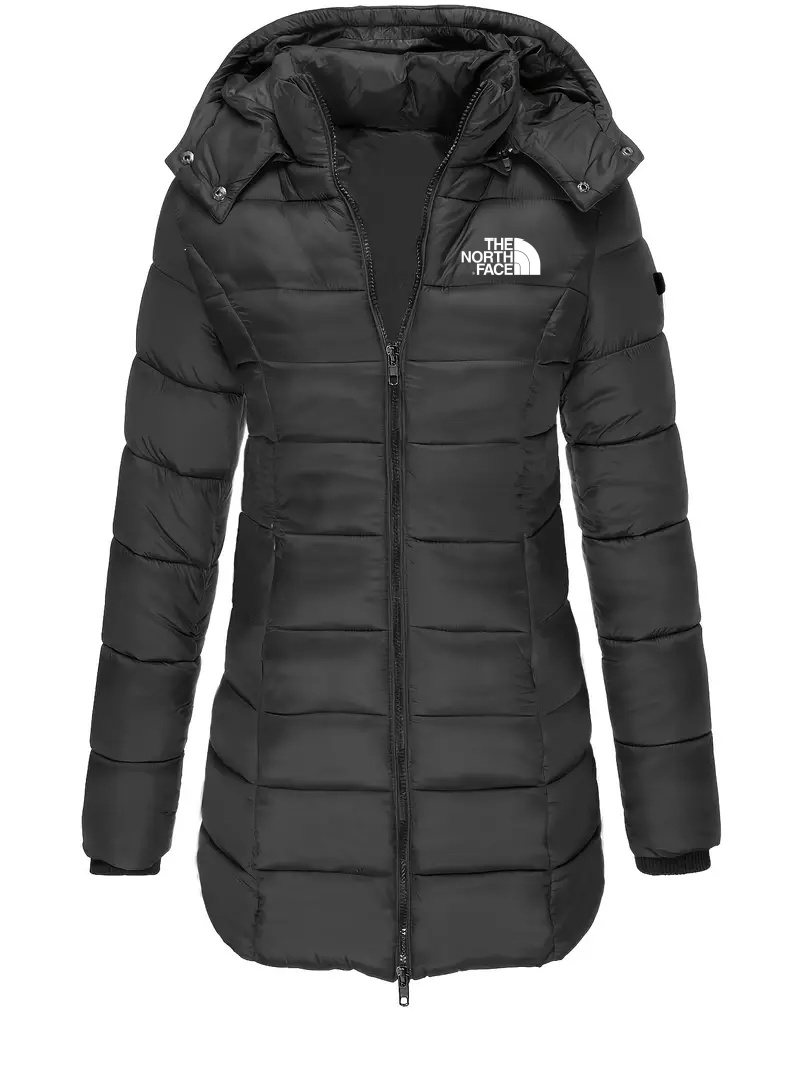 2025 THE NORttgTH FACE-Solid Color Zipper Front Coat Casual Long Sleeve Flared Warm Lightweight Cotton Hooded Winter Coat Women's Clothing