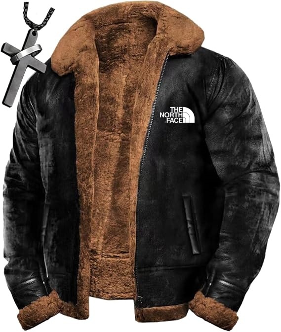 2025 THE NORttgTH FACEWool bomber jacket Leather sherpa lined jacket Heavy suede warm winter motorcycle jacket + (necklace)