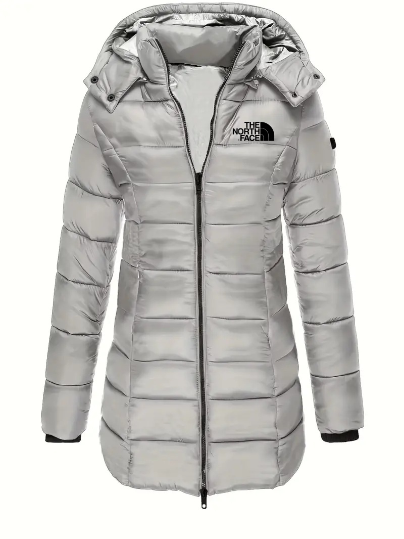 2025 THE NORttgTH FACE-Solid Color Zipper Front Coat Casual Long Sleeve Flared Warm Lightweight Cotton Hooded Winter Coat Women's Clothing