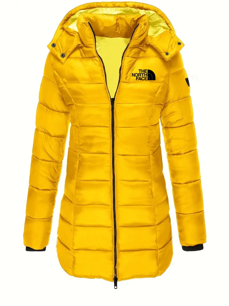 2025 THE NORttgTH FACE-Solid Color Zipper Front Coat Casual Long Sleeve Flared Warm Lightweight Cotton Hooded Winter Coat Women's Clothing