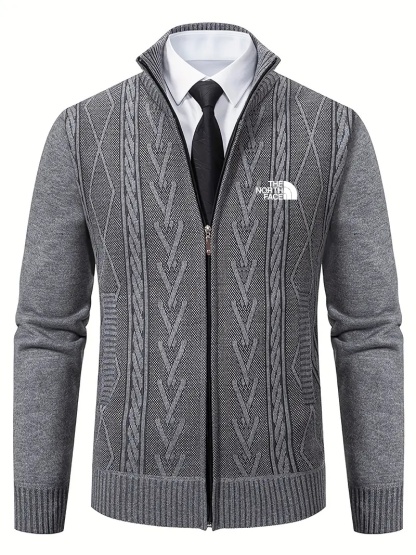 2025 THE NORttgTH FACE-Vintage Geometric Pattern Men's Sweater Cardigan - Long Sleeve, Zippered, Knitted Fabric, Polyester, Casual Style, Regular Fit