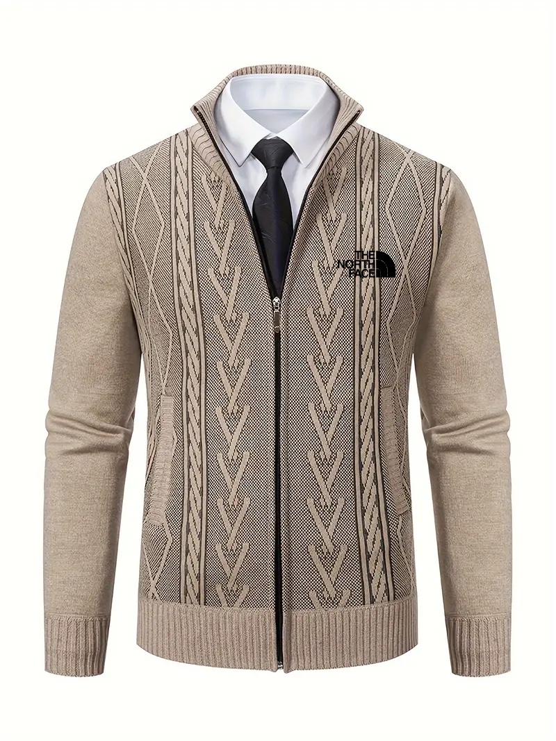 2025 THE NORttgTH FACE-Vintage Geometric Pattern Men's Sweater Cardigan - Long Sleeve, Zippered, Knitted Fabric, Polyester, Casual Style, Regular Fit