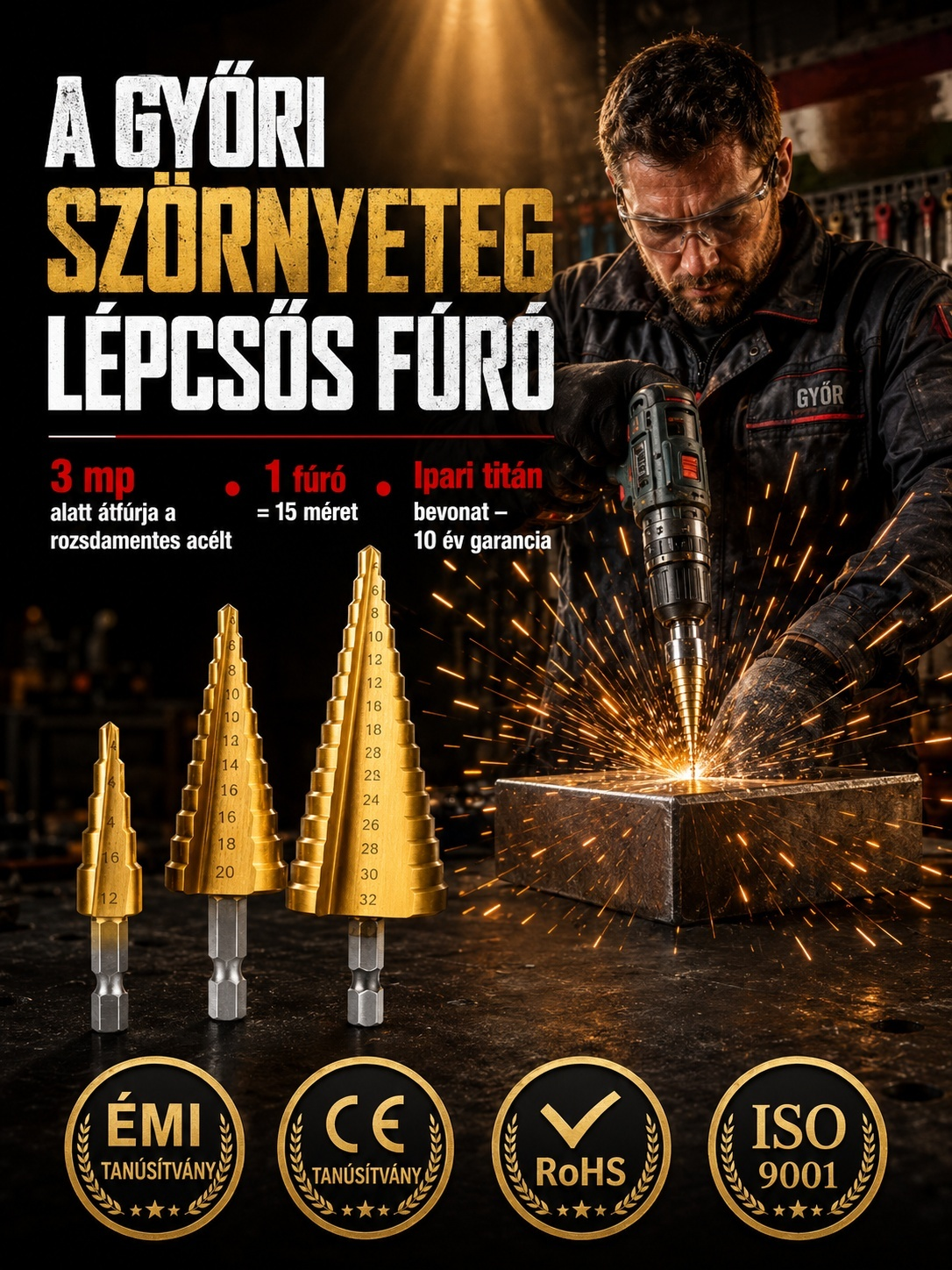 【10 ÉV GARANCIA - CE Minősített】Profi Titán Lépcsős Fúró | 1 Helyettesít 15-öt | 3 mp-es Extrém Fúrás