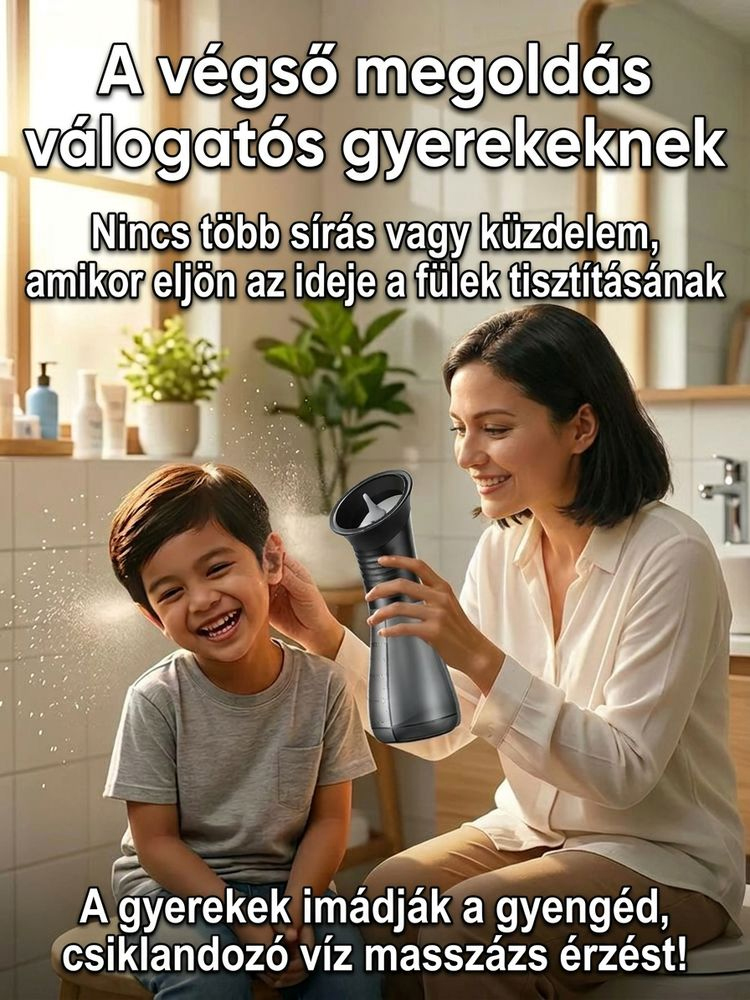  2 az 1-ben okos vízsugaras fültisztító készülék LED kijelzővel | Biztonságos fül-SPA otthon (Családi szilikon fejekkel)