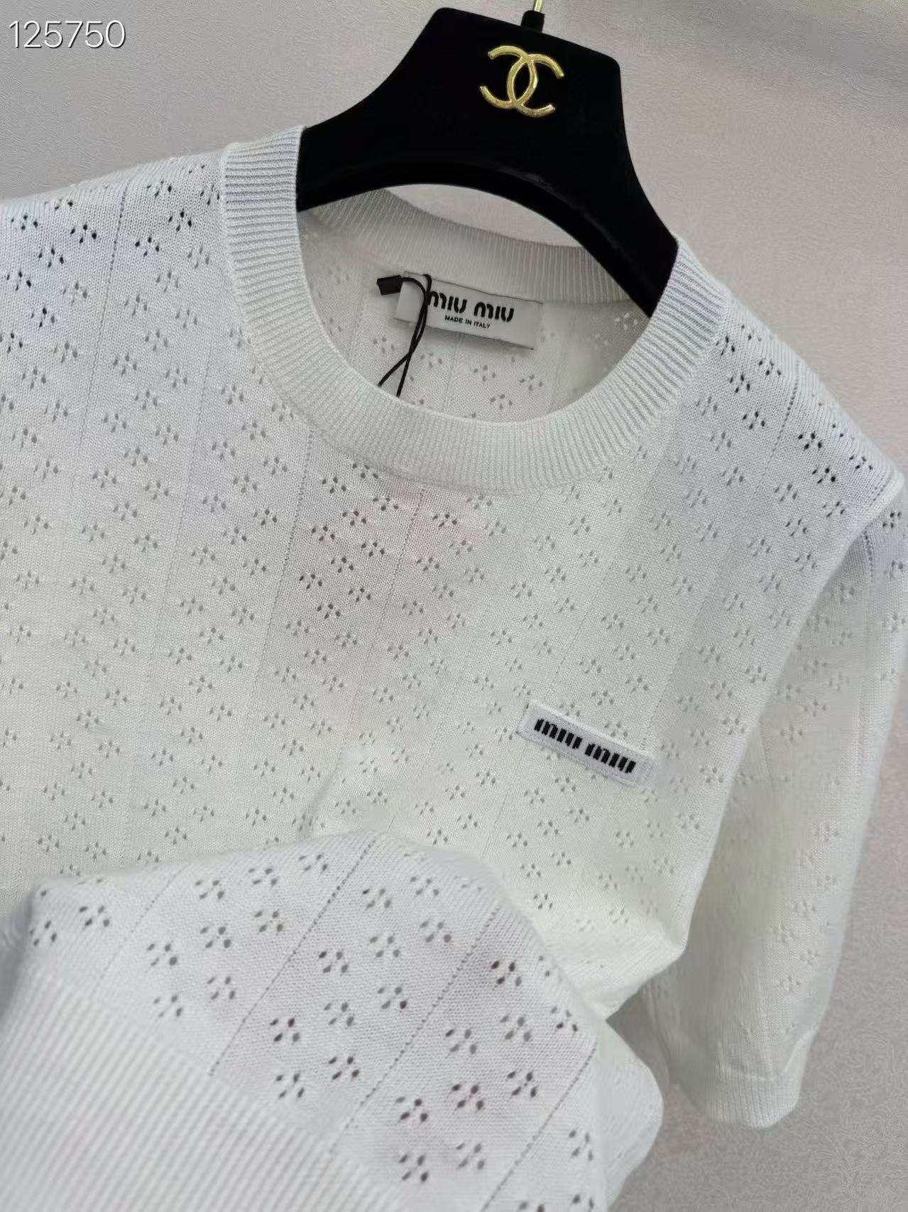 MIU Minimalist Logo Short-Sleeve Knit Top.