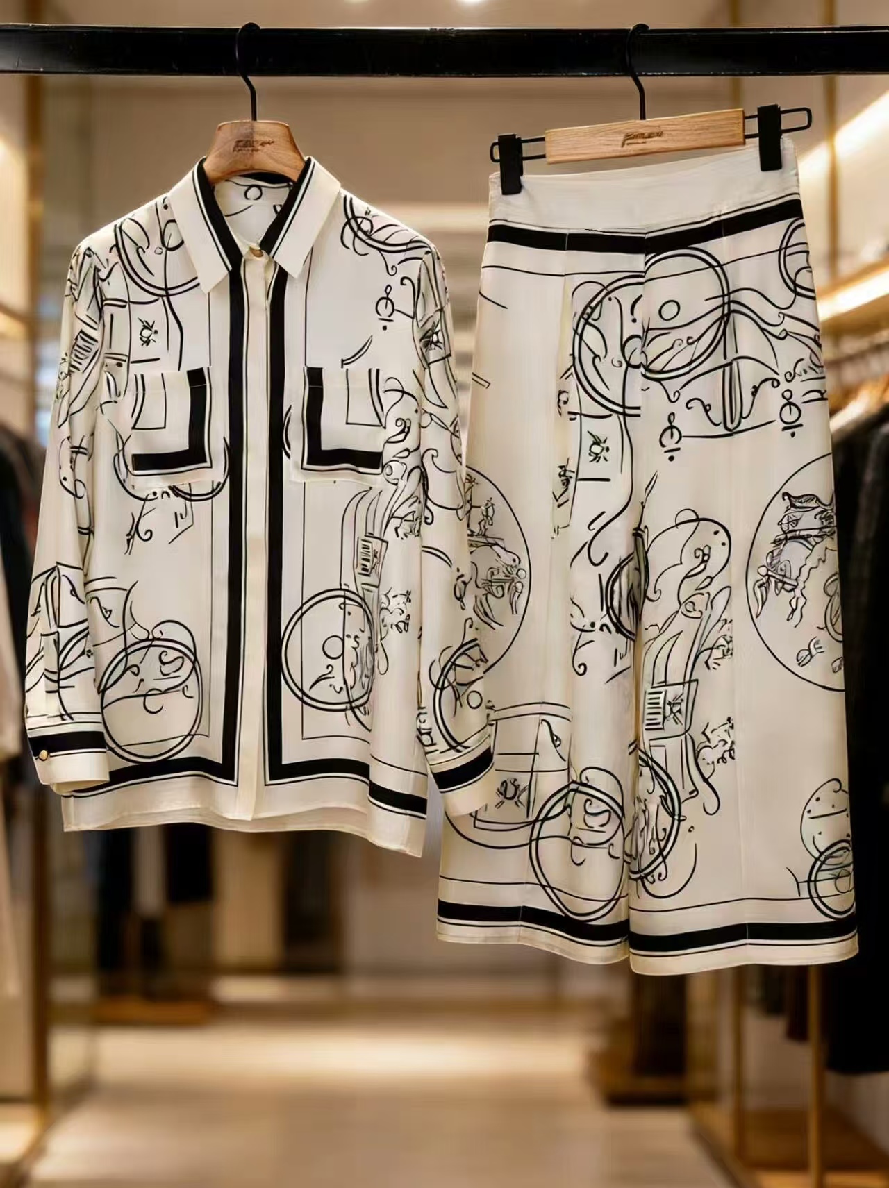 Hermes Carriage Print Silk Knit Shirt & Trousers Set