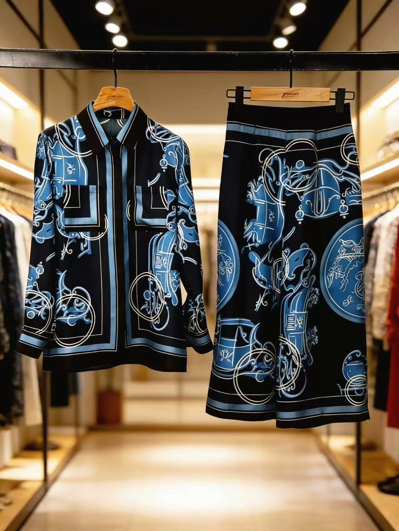 Hermes Carriage Print Silk Knit Shirt & Trousers Set
