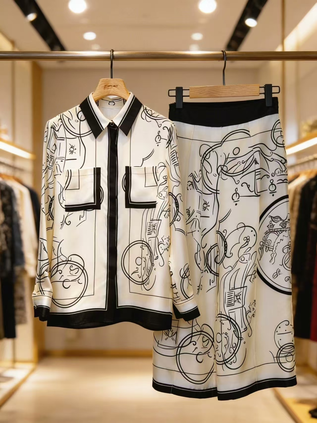 Hermes Carriage Print Silk Knit Shirt & Trousers Set