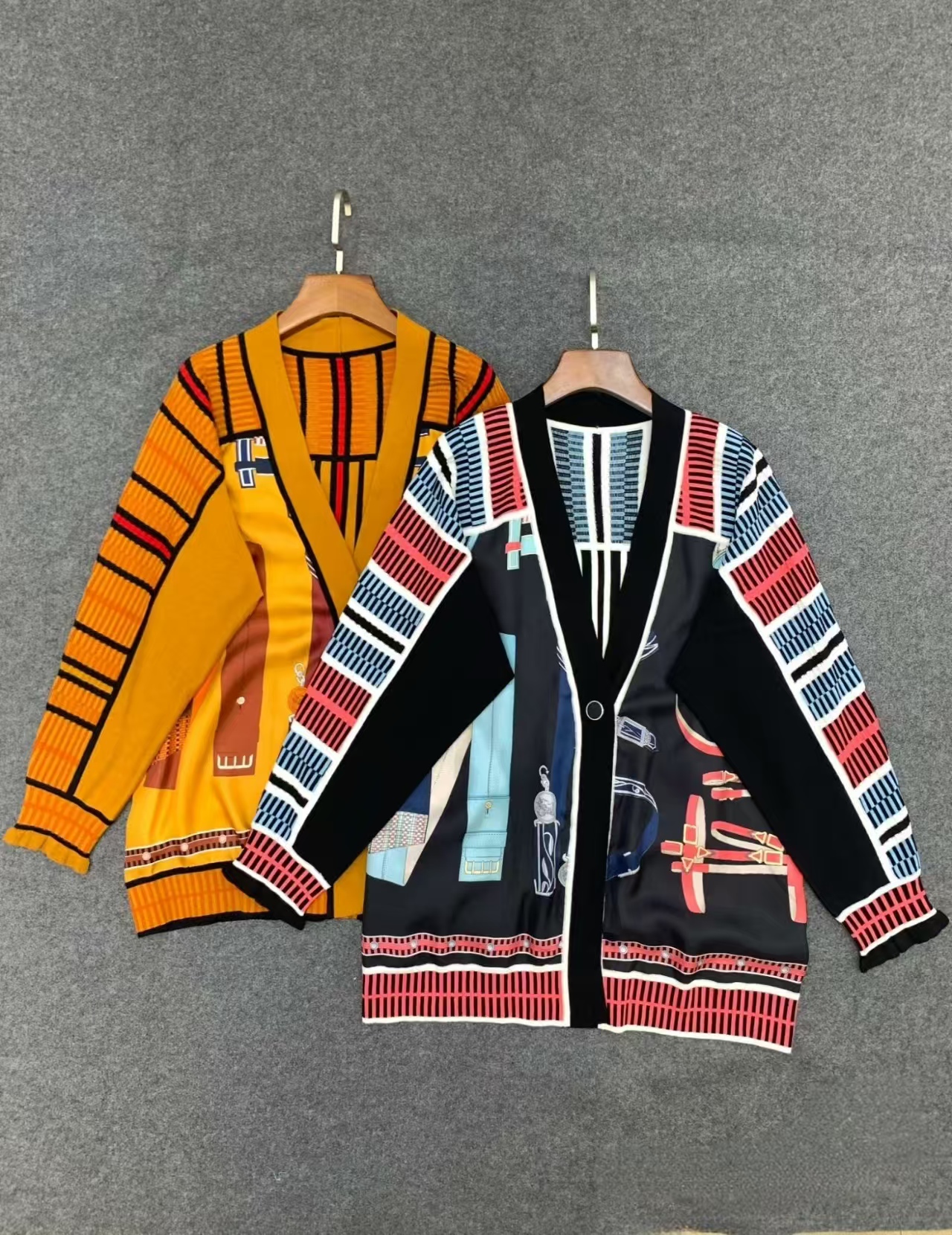 Hermes Square Neck Silk Spliced Knit Mid-Length Cardigan