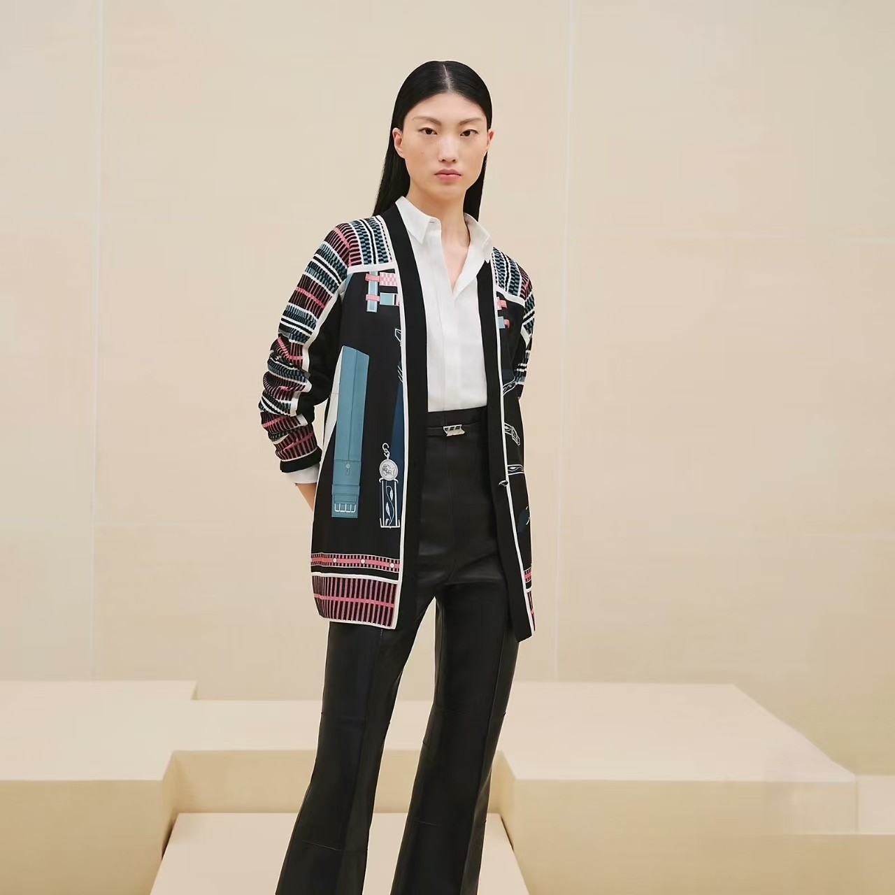 Hermes Square Neck Silk Spliced Knit Mid-Length Cardigan