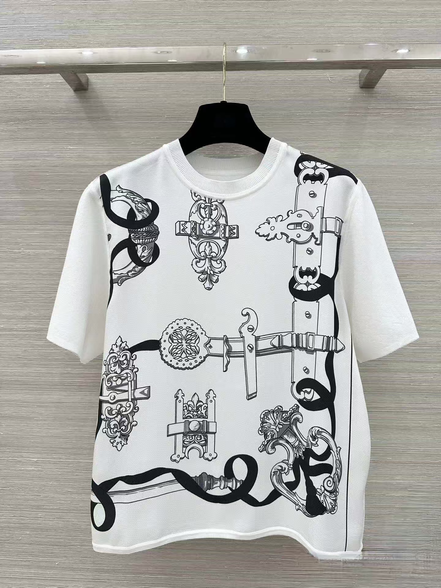 Hermes Silk Carriage Print Spliced Silk WoolShort Sleeve Top