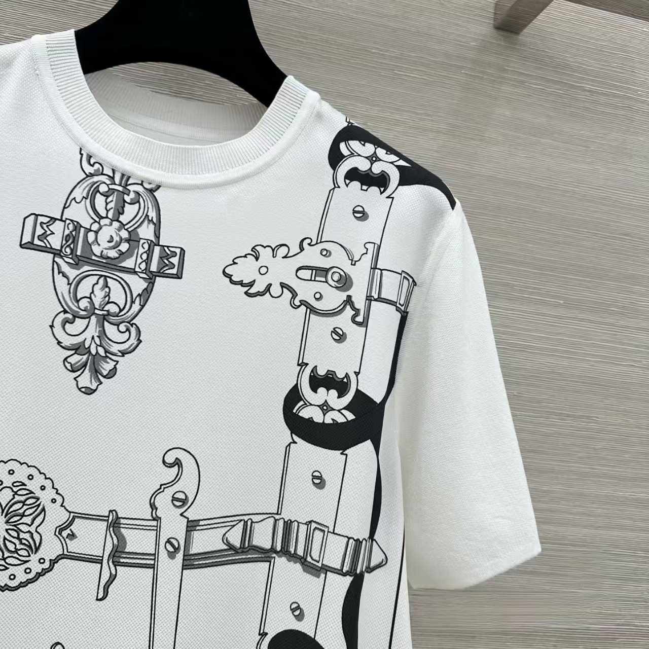 Hermes Silk Carriage Print Spliced Silk WoolShort Sleeve Top